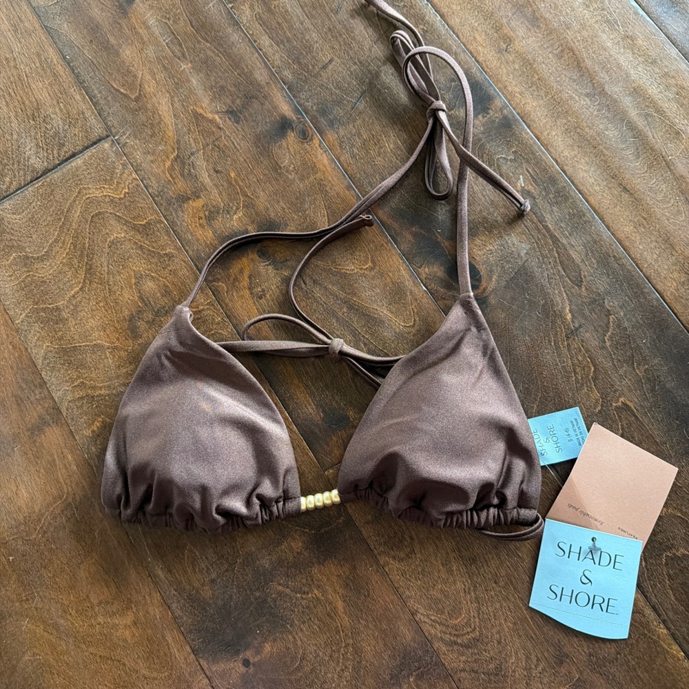 Shade & Shore Sunny Brown Triangle Bikini‎ Top Gold Bead Detail Small 4-6
